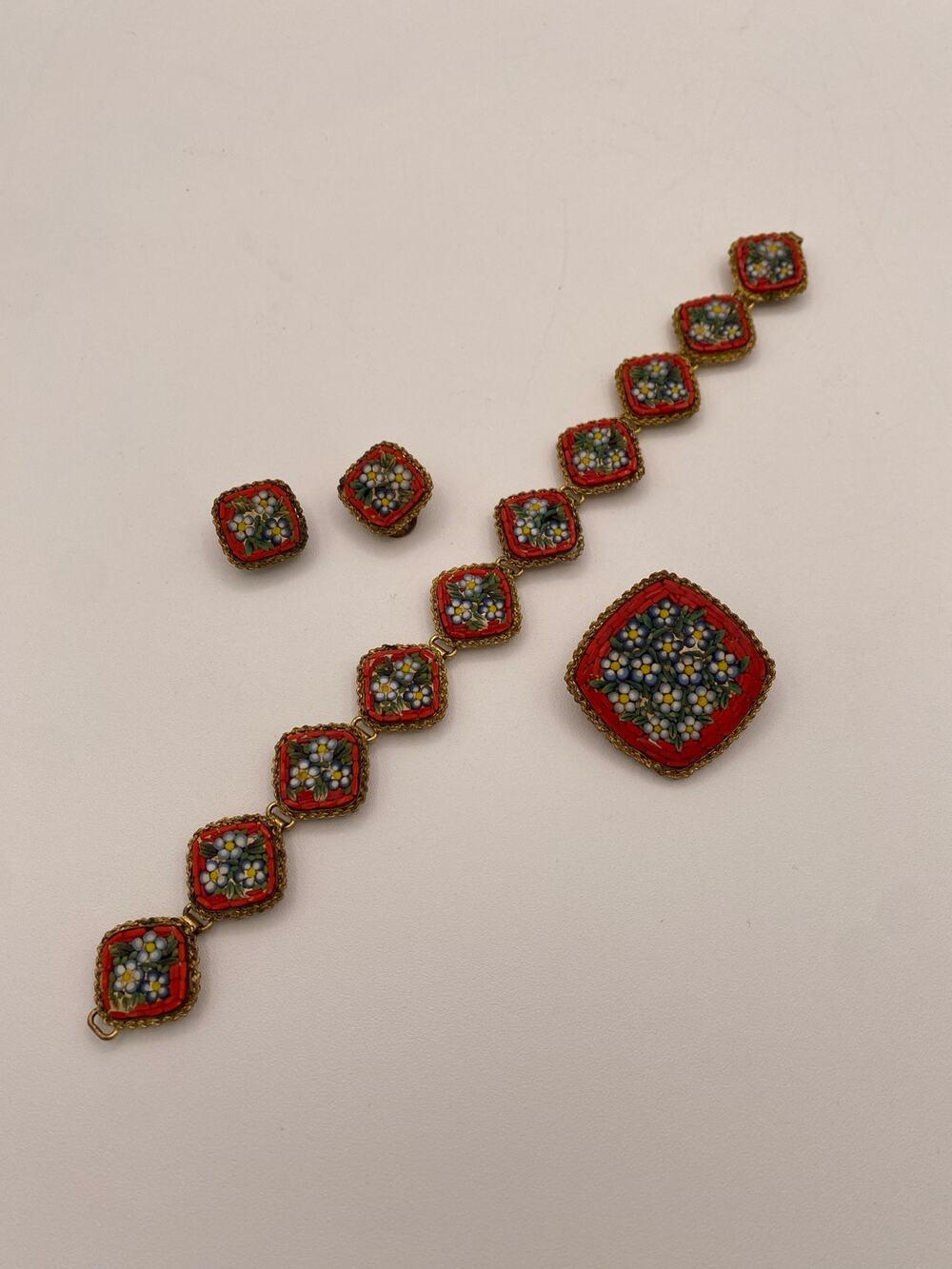 VTG Micro Mosaic Italian Tile Bracelet Brooch Clip Earrings Set